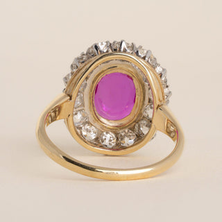 Antique 18K Gold 2.63ct Burma Ruby No Heat & Old Mine Cut Diamond Halo Ring