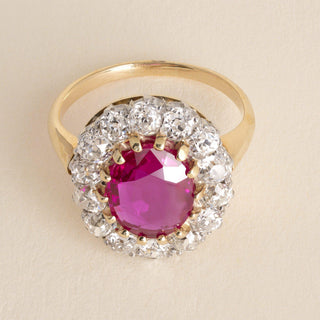 Antique 18K Gold 2.63ct Burma Ruby No Heat & Old Mine Cut Diamond Halo Ring