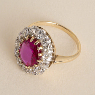 Antique 18K Gold 2.63ct Burma Ruby No Heat & Old Mine Cut Diamond Halo Ring