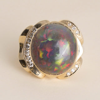 Estate 1970s 14K Gold 24 Carat Ethiopian Opal and Diamond Statement Ring