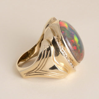 Estate 1970s 14K Gold 24 Carat Ethiopian Opal and Diamond Statement Ring