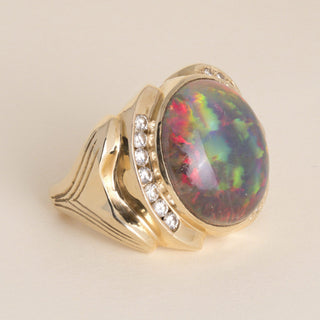 Estate 1970s 14K Gold 24 Carat Ethiopian Opal and Diamond Statement Ring