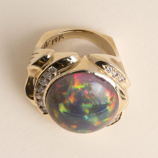 Estate 1970s 14K Gold 24 Carat Ethiopian Opal and Diamond Statement Ring