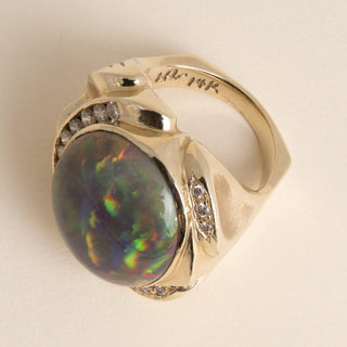 Estate 1970s 14K Gold 24 Carat Ethiopian Opal and Diamond Statement Ring