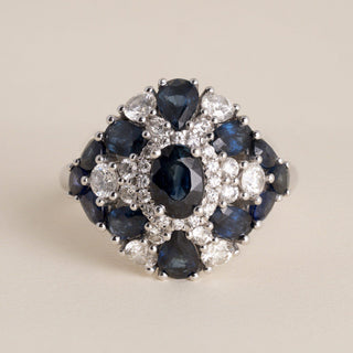 Vintage 1980s 17K White Gold Sapphire Diamond Cluster Cocktail Ring - Size 10
