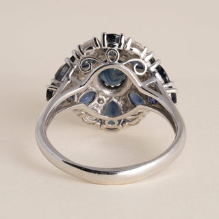 Vintage 1980s 17K White Gold Sapphire Diamond Cluster Cocktail Ring - Size 10