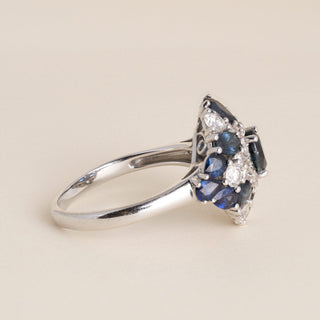 Vintage 1980s 17K White Gold Sapphire Diamond Cluster Cocktail Ring - Size 10