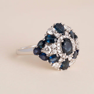 Vintage 1980s 17K White Gold Sapphire Diamond Cluster Cocktail Ring - Size 10