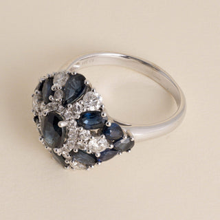 Vintage 1980s 17K White Gold Sapphire Diamond Cluster Cocktail Ring - Size 10