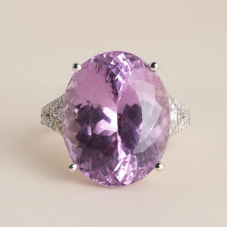 14K Gold 27 Carat Pink Kunzite Oval and 1 Carat Diamond Cocktail Ring - Size 10