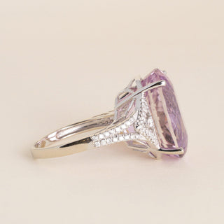 14K Gold 27 Carat Pink Kunzite Oval and 1 Carat Diamond Cocktail Ring - Size 10