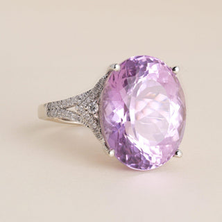 14K Gold 27 Carat Pink Kunzite Oval and 1 Carat Diamond Cocktail Ring - Size 10