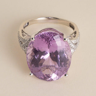 14K Gold 27 Carat Pink Kunzite Oval and 1 Carat Diamond Cocktail Ring - Size 10