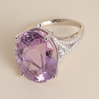 14K Gold 27 Carat Pink Kunzite Oval and 1 Carat Diamond Cocktail Ring - Size 10