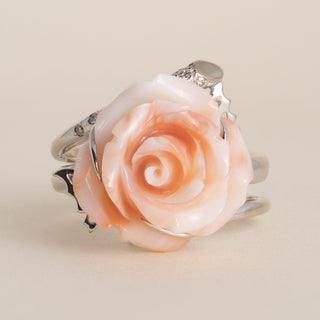Vintage 18K White Gold Coral Rose & Butterfly Cocktail Ring - Size 10.5