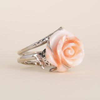 Vintage 18K White Gold Coral Rose & Butterfly Cocktail Ring - Size 10.5