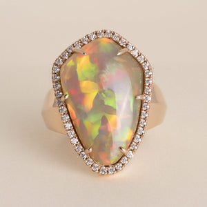 14K Rose Gold 10 Carat Ethiopian Opal and Diamond Halo Ring - Size 10