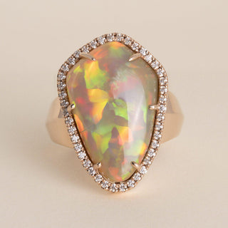 14K Rose Gold 10 Carat Ethiopian Opal and Diamond Halo Ring - Size 10