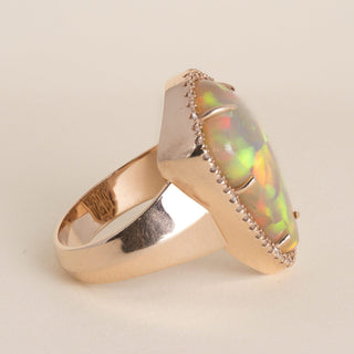 14K Rose Gold 10 Carat Ethiopian Opal and Diamond Halo Ring - Size 10