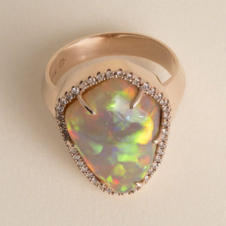 14K Rose Gold 10 Carat Ethiopian Opal and Diamond Halo Ring - Size 10