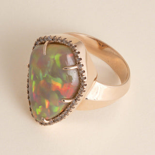 14K Rose Gold 10 Carat Ethiopian Opal and Diamond Halo Ring - Size 10