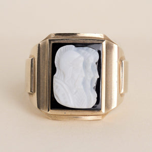 Vintage 10K Gold Men’s Double Cameo Signet Ring, Heavy Onyx Centurion Size 11.5