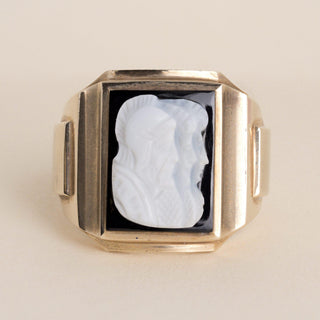 Vintage 10K Gold Men’s Double Cameo Signet Ring, Heavy Onyx Centurion Size 11.5