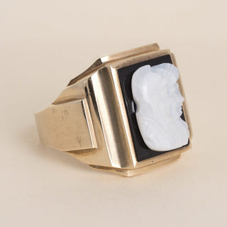 Vintage 10K Gold Men’s Double Cameo Signet Ring, Heavy Onyx Centurion Size 11.5