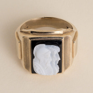 Vintage 10K Gold Men’s Double Cameo Signet Ring, Heavy Onyx Centurion Size 11.5