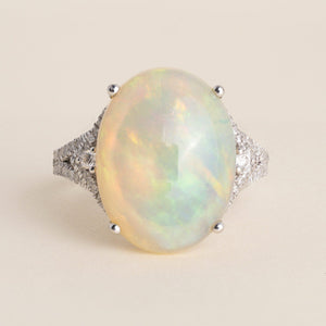 Estate 14K White Gold Oval Opal & Diamond Split Shank Cocktail Ring - Size 10.5