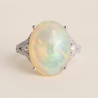 Estate 14K White Gold Oval Opal & Diamond Split Shank Cocktail Ring - Size 10.5