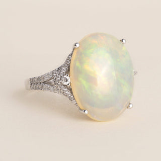 Estate 14K White Gold Oval Opal & Diamond Split Shank Cocktail Ring - Size 10.5