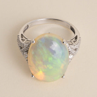 Estate 14K White Gold Oval Opal & Diamond Split Shank Cocktail Ring - Size 10.5