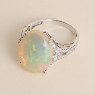 Estate 14K White Gold Oval Opal & Diamond Split Shank Cocktail Ring - Size 10.5