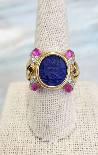Vintage 18K Italy Lapis Lazuli Intaglio, Multi Gemstone Chain Link Ring