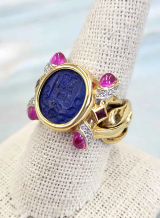 Vintage 18K Italy Lapis Lazuli Intaglio, Multi Gemstone Chain Link Ring
