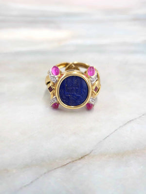 Vintage 18K Italy Lapis Lazuli Intaglio, Multi Gemstone Chain Link Ring