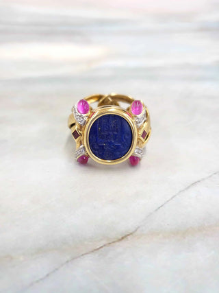Vintage 18K Italy Lapis Lazuli Intaglio, Multi Gemstone Chain Link Ring