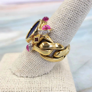 Vintage 18K Italy Lapis Lazuli Intaglio, Multi Gemstone Chain Link Ring