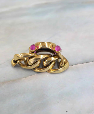 Vintage 18K Italy Lapis Lazuli Intaglio, Multi Gemstone Chain Link Ring