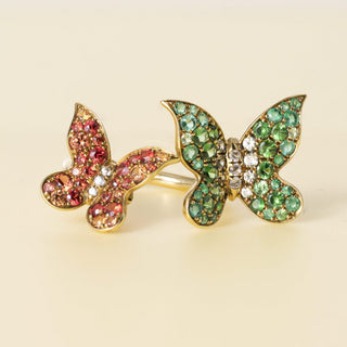 Estate 18K Tsavorite Garnet and Mix Gemstone Double Floating Butterflies