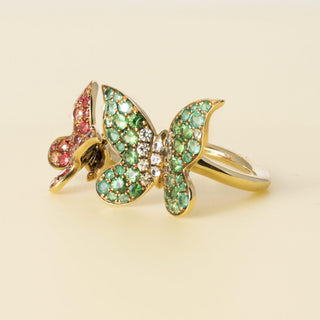 Estate 18K Tsavorite Garnet and Mix Gemstone Double Floating Butterflies