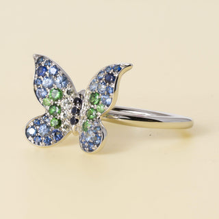 Platinum Blue Green Sapphire and Diamond Butterfly Articulating Floating Ring