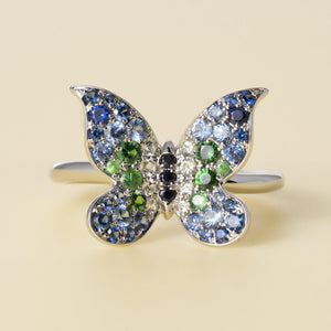 Platinum Blue Green Sapphire and Diamond Butterfly Articulating Floating Ring