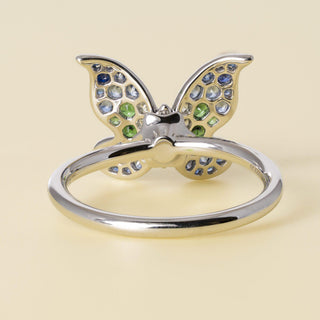 Platinum Blue Green Sapphire and Diamond Butterfly Articulating Floating Ring