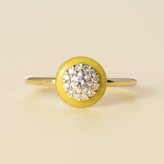 Vintage 18K Yellow Gold Yellow Enamel & Diamond Cluster Ring