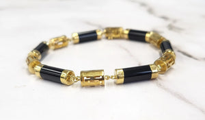 Vintage 14k Gold and Onyx Cylinder Chain Link Bracelet - Greek Style, 7"