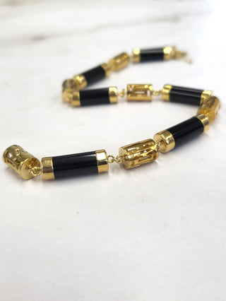 Vintage 14k Gold and Onyx Cylinder Chain Link Bracelet - Greek Style, 7"