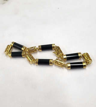 Vintage 14k Gold and Onyx Cylinder Chain Link Bracelet - Greek Style, 7"