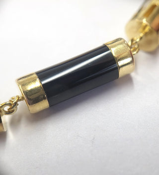 Vintage 14k Gold and Onyx Cylinder Chain Link Bracelet - Greek Style, 7"